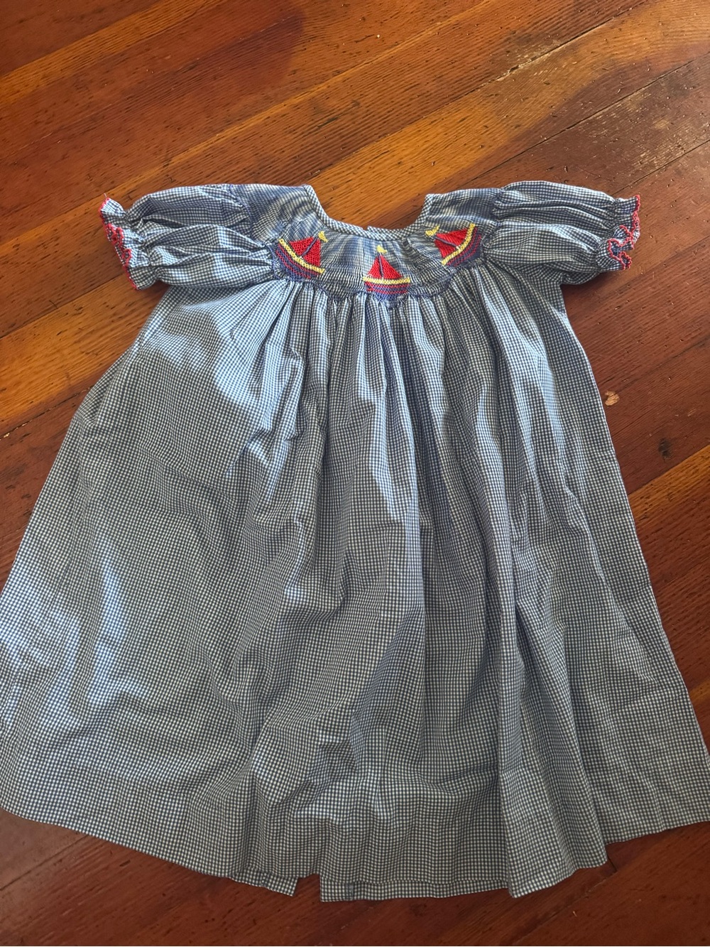 Smocked Blue Gingham Dress with Red Sailboat Embroidery